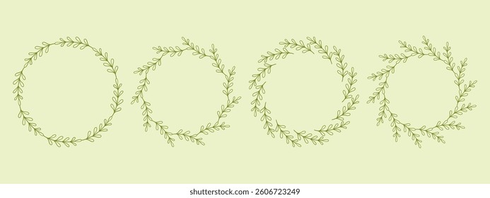 Simple flower circle frame set. Hand drawn green round line border, leaves and flowers, wedding invitation and cards, logo design and posters template. Elegant minimal style floral isolated set