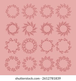 Simple flower circle frame set. Hand drawn red round line border, leaves and flowers, wedding invitation and cards, logo design and posters template. Elegant minimal style floral isolated set