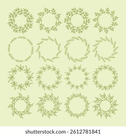 Simple flower circle frame set. Hand drawn green round line border, leaves and flowers, wedding invitation and cards, logo design and posters template. Elegant minimal style floral isolated set