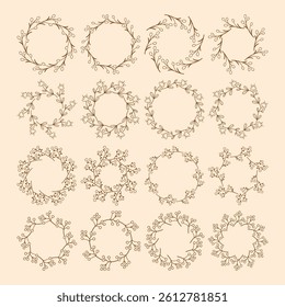 Simple flower circle frame set. Hand drawn brown round line border, leaves and flowers, wedding invitation and cards, logo design and posters template. Elegant minimal style floral isolated set