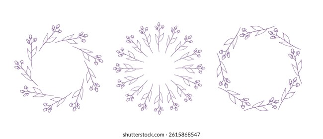 Simple flower circle frame set. Hand drawn purple round line border, leaves and flowers, wedding invitation and cards, logo design and posters template. Elegant minimal style floral isolated set