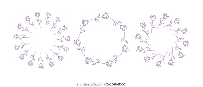 Simple flower circle frame set. Hand drawn purple round line border, leaves and flowers, wedding invitation and cards, logo design and posters template. Elegant minimal style floral isolated set