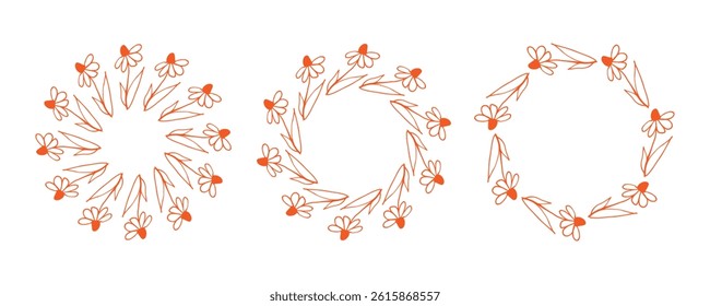 Simple flower circle frame set. Hand drawn yellow round line border, leaves and flowers, wedding invitation and cards, logo design and posters template. Elegant minimal style floral isolated set