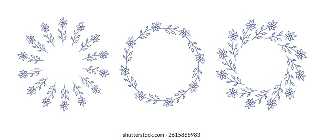 Simple flower circle frame set. Hand drawn blue round line border, leaves and flowers, wedding invitation and cards, logo design and posters template. Elegant minimal style floral isolated set