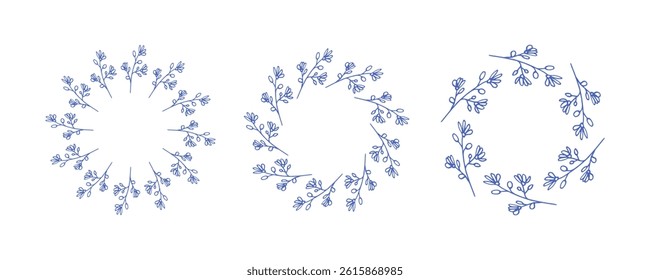 Simple flower circle frame set. Hand drawn blue round line border, leaves and flowers, wedding invitation and cards, logo design and posters template. Elegant minimal style floral isolated set