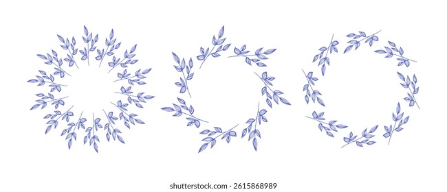 Simple flower circle frame set. Hand drawn blue round line border, leaves and flowers, wedding invitation and cards, logo design and posters template. Elegant minimal style floral isolated set