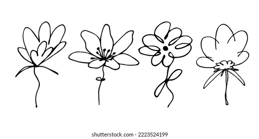 Simple flor clipart. Conjunto de doodle floral dibujado a mano. Para imprimir, web, diseño, decoración, logotipo