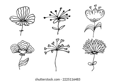 Simple flower clipart. Set of hand drawn floral doodle. For print, web, design, decor, logo