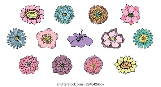 Simple flor clipart. Conjunto de doodle floral dibujado a mano. Para imprimir, web, diseño, decoración, logotipo