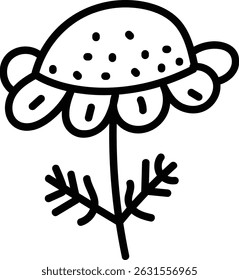 A simple flower with dotted petals and a curved stem in a doodle style. The illustration depicts a whimsical bloom with round shapes and a slender stalk. Cartoon vector illustration.