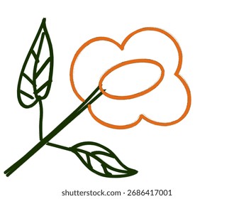 Dibujo simple de la flor con el tallo verde y las hojas sobre fondo blanco