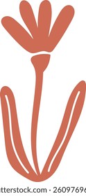 A simple flower with elongated petals and two long leaves in a minimalist style. The design features a single stem and abstract shapes. Cartoon vector illustration.