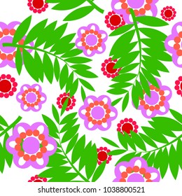 Simple flower and fern seamless pattern on white background. Element for your dsigns, decorations, wallpaper, print, backdrop, wrapping paper, textile print.