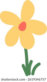 A simple flower with five petals and a small center is depicted in a minimalist style.  The bloom sits atop a slender stem with minimal leaves at the base. Cartoon vector illustration