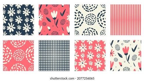 Simple flower and geometric forms seamless pattern set with snowdrop bloom, lines, dots and dashed circles. Hand drawn doodle style fabric design. Muted red. Navy blue and Cream white.
