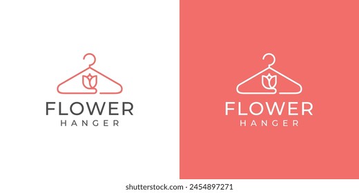 Simple Flower Hanger Logo. Hanger and Flower Rose with Linear Outline Style. Boutique Fashion Logo Icon Symbol Vector Design Inspiration.