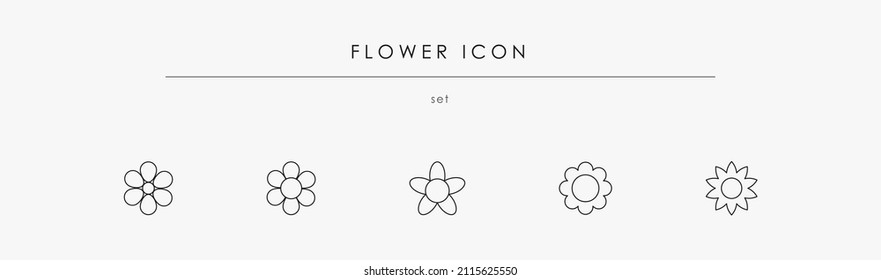 Simple flower icon collection isolated on white background. Flower pictogram with thin editable outline. Black linear floral icons for web design and ornament. Flat floral symbols vector