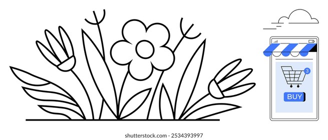 Simple flower illustration paired with a mobile phone displaying a shopping cart and buy button. Ideal for online shopping, gardening, e-commerce, spring promotions, digital marketplaces. Minimalist