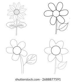 Simple Flower Line Drawing Set  Black and White Floral Outline for Coloring Book, Kids Drawing.