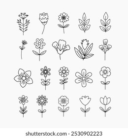 Simple flower line icon set. Tulip cherry blossom jasmine rose zinnia wild flower leave outline illustration design. Flower line illustration design.