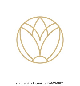 Simple flower lotus round line logo aesthetics. Emblem plant in circle linear style. Vector abstract badge for design of natural products, flower shop, cosmetics, ecology concepts, health, spa, yoga