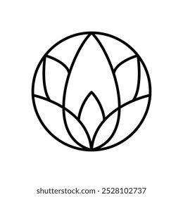 Estética de logotipo de línea redonda de loto de flores simple. Planta emblema en estilo lineal circular. Insignia abstracta del Vector para el diseño de productos naturales, floristería, cosméticos, conceptos de la ecología, salud, balneario, yoga