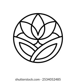 Einfache Blume Lotus runde Linie Logo Ästhetik. Emblem Pflanze im Kreis linear Stil. Vektorabstraktes Abzeichen für die Gestaltung von Naturprodukten, Blumenladen, Kosmetik, Ökologie Konzepte, Gesundheit, Spa, Yoga