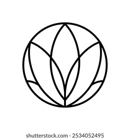 Simple flower lotus round line logo aesthetics. Emblem plant in circle linear style. Vector abstract badge for design of natural products, flower shop, cosmetics, ecology concepts, health, spa, yoga