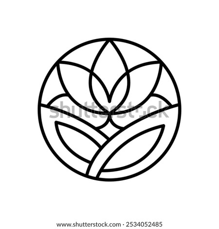 Simple flower lotus round line logo aesthetics. Emblem plant in circle linear style. Vector abstract badge for design of natural products, flower shop, cosmetics, ecology concepts, health, spa, yoga