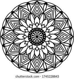 Simple flower mandala for coloring book. Monochrome contour pattern with ethnic decorative elements. Hand drawn illustration isolated on white background.