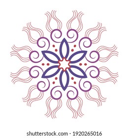 Simple flower mandala, purple, gray, red colors. Spring bloom, awakening. Oriental vector drawing. Meditation, anti-stress therapy. Round design element for printing, sublimation, interior decor.