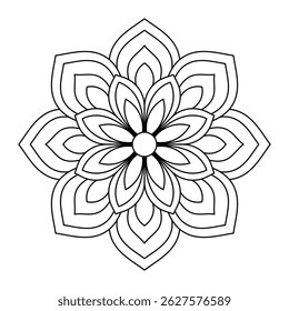 Simple flower mandala vector illustration. Geometric floral design for coloring books, relaxation, or meditation art. Black outline isolated on white background.