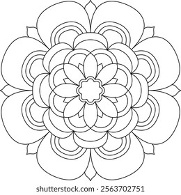 Simple flower meditation mandala art for adults coloring book page. Black lines, abstract flower design. Vector illustration.