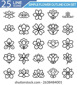 Simple Flower Outline Icon Set – Minimal Line Art Floral Vector Icons for Nature, Spring, and Decor Design