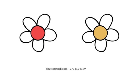 Simple Flower Outline Icon Set Vector, Minimalist Daisy with Red and Yellow Centers, Hand-Drawn Floral Line Art Symbol for Spring Garden and Nature Branding