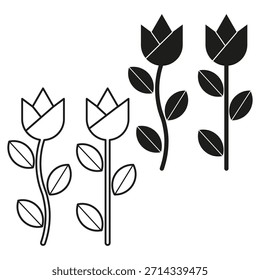 Einfache Blumenkonturen. Tulpenblütenpflanze. Minimaler Blatt-Vektor. Abstrakte Federfigur. EPS 10.