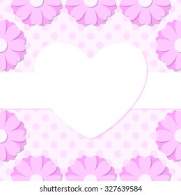 Simple flower photo frame. Cute scrapbook page. Baby shower card with flowers and heart