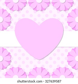 Simple flower photo frame. Cute scrapbook page. Baby shower card with flowers and heart