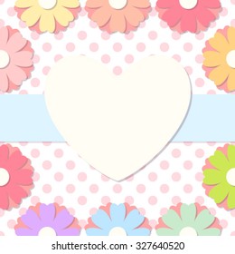 Simple flower photo frame. Cute scrapbook page. Baby shower card with flowers and heart