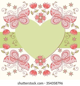 Simple flower photo frame. Cute scrapbook page. Baby shower card with flowers and butterfly's.