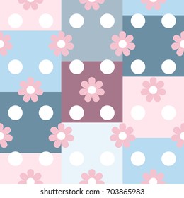 simple flower and polka dot seamless pattern on colorful square background, vector illustration