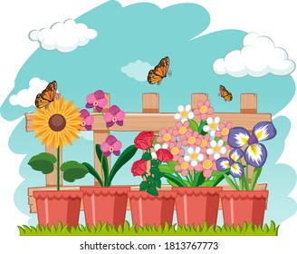 Simple flower in the pot with butterfly illustration