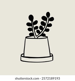 Simple Flower Pot Ceramic. Flowerpot Sketch Black Line Symbol. Stylized Whimsical Vector Element Decor