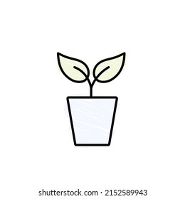 simple flower pot hand drawing, black outline, blue pot, two green leaves doodle vector image