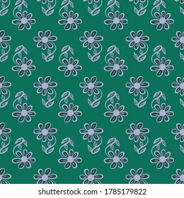 Simple flower shapes seamless vector pattern on green. Girly surface print design for fabrics, stationery, and packaging.