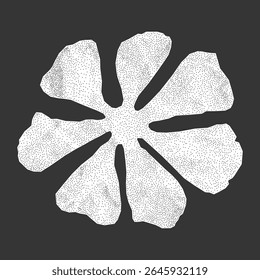 Simple flower silhouette with crumpled paper texture on dark background. Minimalistic sticker from torn notebook page with jagged edges, gritty dotted texture, halftone design.