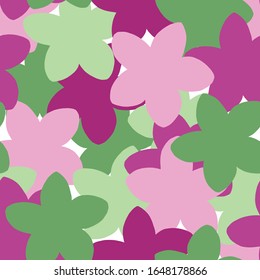 Siluetas de flores simples con un patrón vectorial transparente en verde rosa y fuchsia
