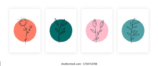 Simple flower sprig posters. Hand drawn floral art card set isolated on white background, minimalistic banners with branch and abstract shape. Creative vector illustration