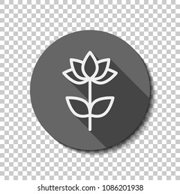 Simple flower symbol. Linear icon. White flat icon with long shadow in circle on transparent background. Badge or sticker style