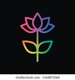 Simple flower symbol. Linear icon. Rainbow color and dark background